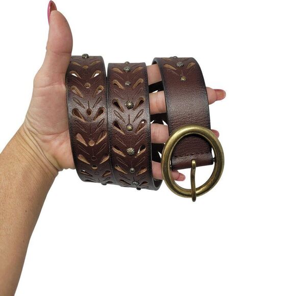 Vintage Chocolate Burnish Genuine Leather Western Belt Brass Cutouts Studded M - Picture 1 of 12